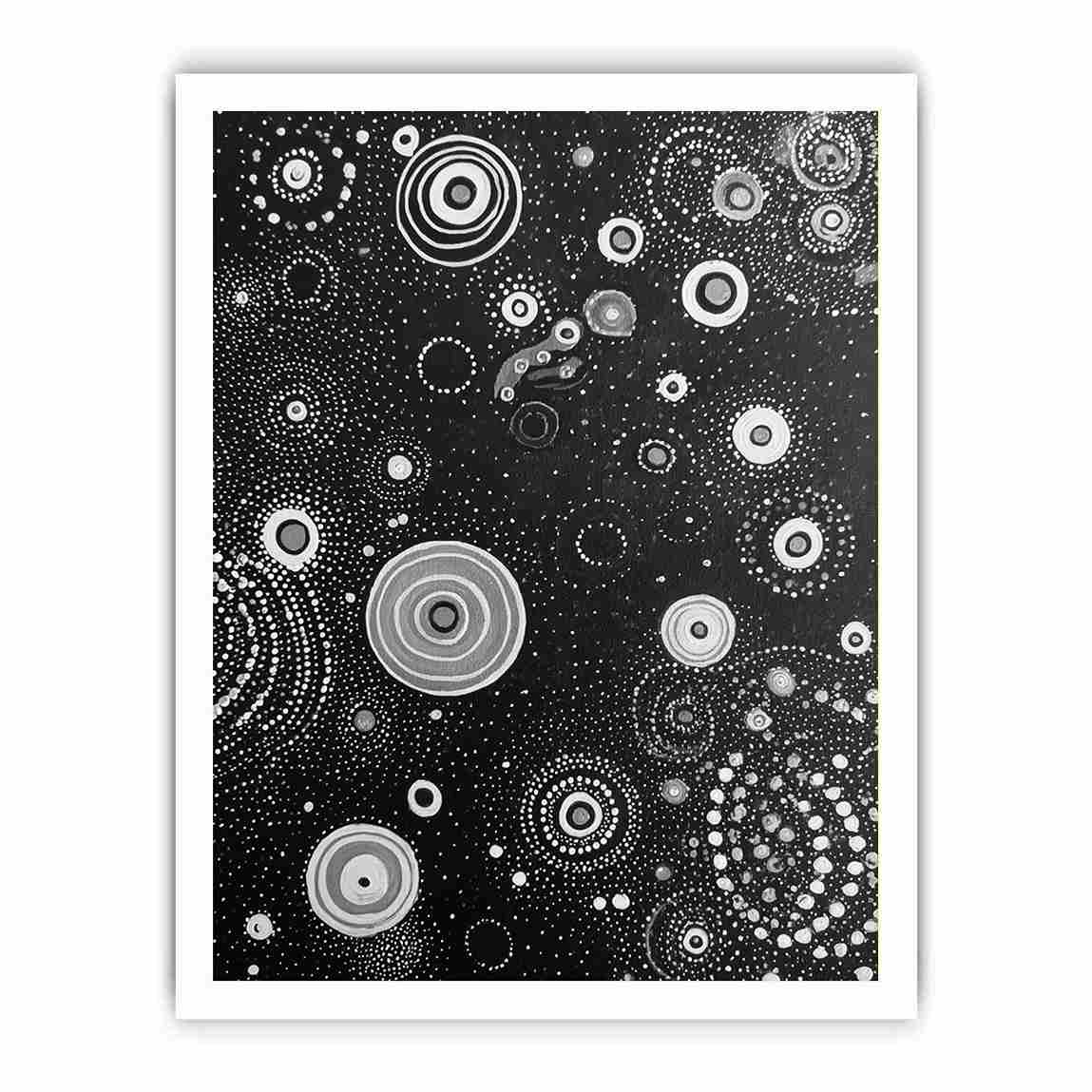 Black and white abstract canvas art with dotted circles for modern living room or office decor.