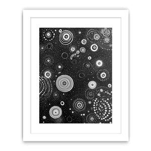 Black and white abstract canvas art with dotted circles for modern living room or office decor.