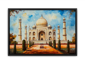 Taj Mahal architectural canvas art with garden pathway for elegant living room styling.