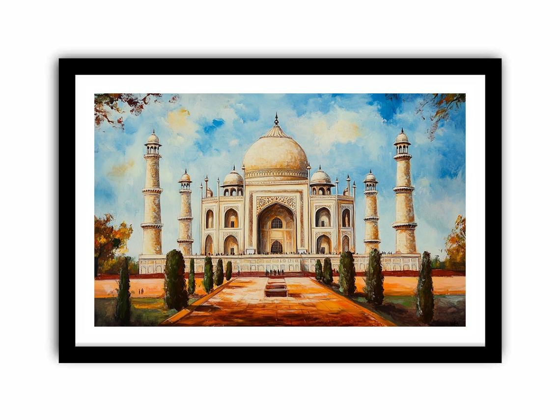 Taj Mahal architectural canvas art with garden pathway for elegant living room styling.