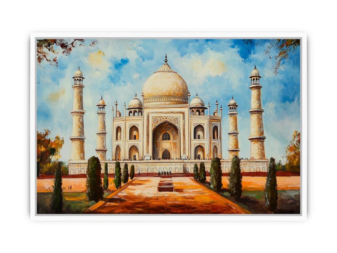 Taj Mahal architectural canvas art with garden pathway for elegant living room styling.