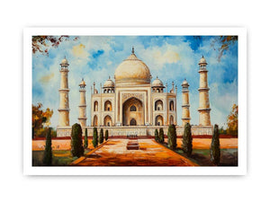 Taj Mahal architectural canvas art with garden pathway for elegant living room styling.