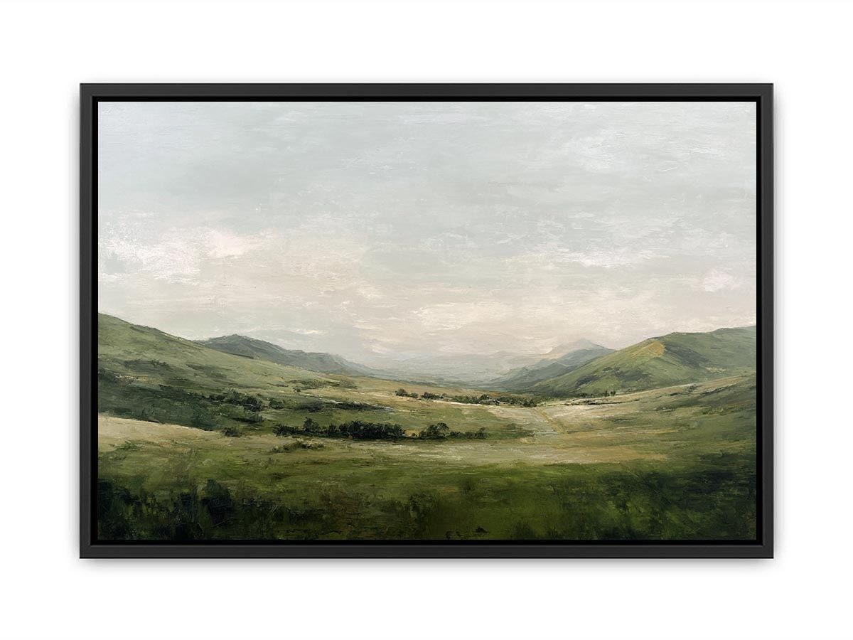 Green mountain landscape canvas art with misty valley and soft sky for calm living room decor.
