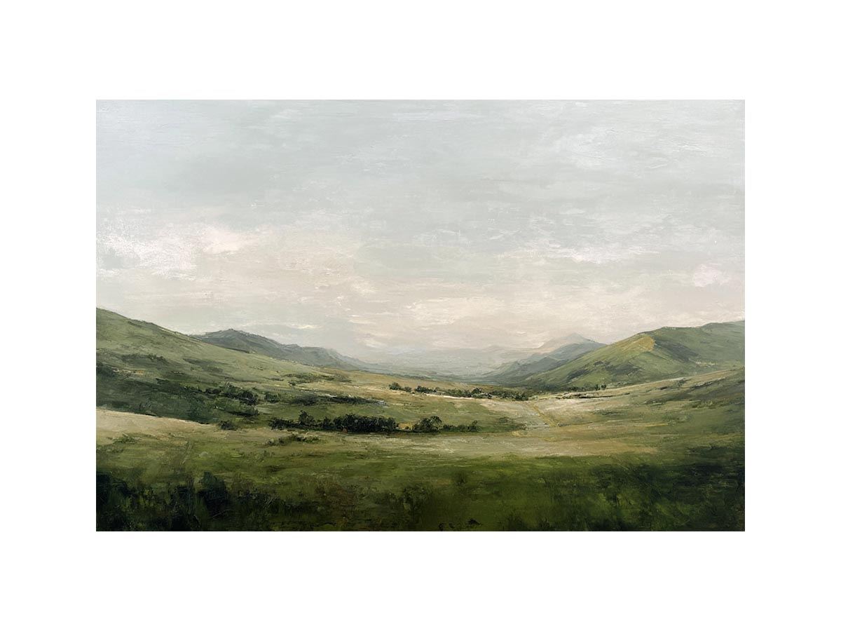 Green mountain landscape canvas art with misty valley and soft sky for calm living room decor.