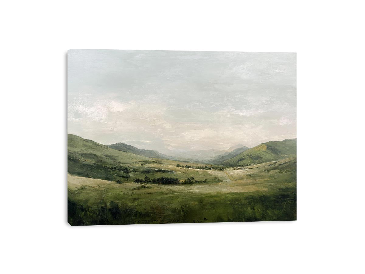 Green mountain landscape canvas art with misty valley and soft sky for calm living room decor.