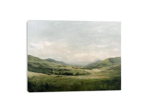 Green mountain landscape canvas art with misty valley and soft sky for calm living room decor.