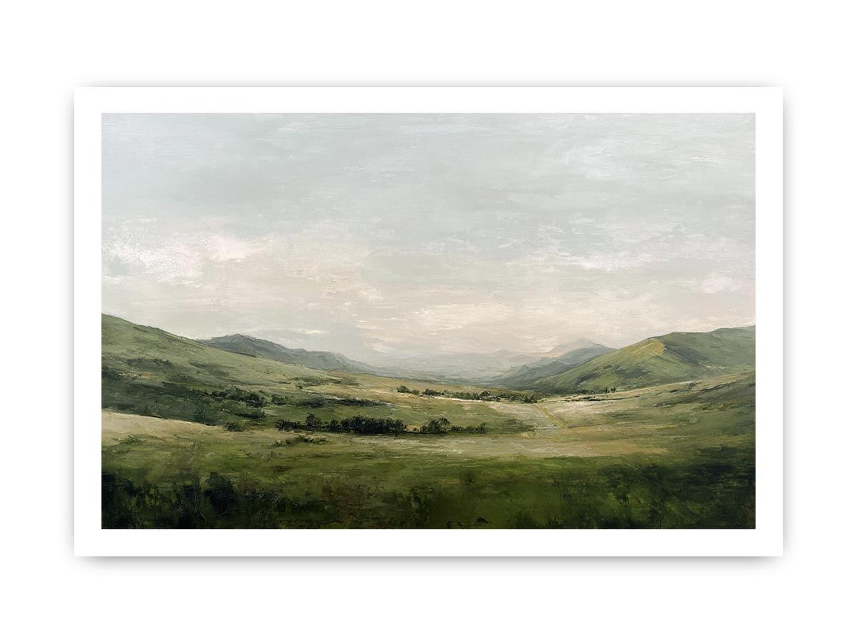 Green mountain landscape canvas art with misty valley and soft sky for calm living room decor.