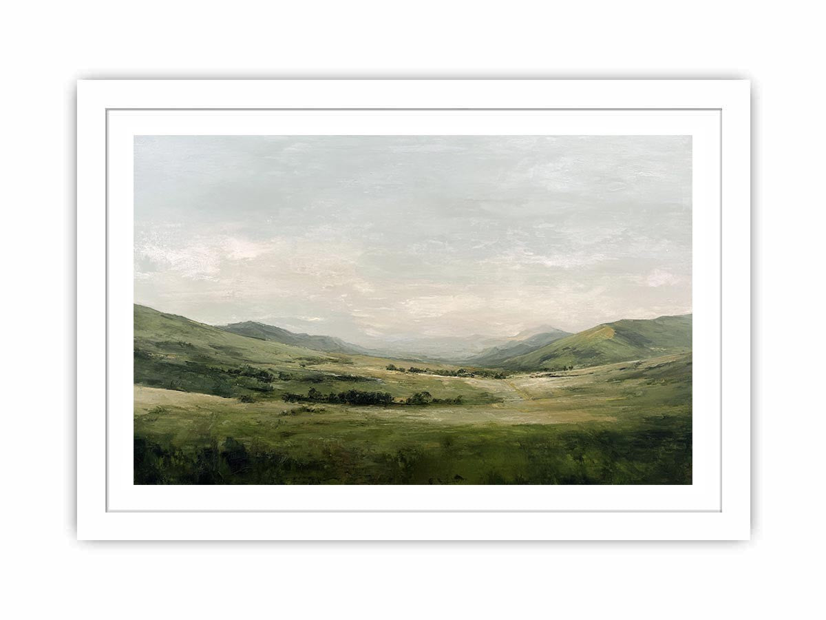 Green mountain landscape canvas art with misty valley and soft sky for calm living room decor.