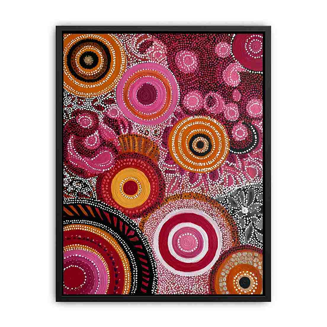 Ruby and ochre abstract dot canvas art with circular patterns for bold modern decor.