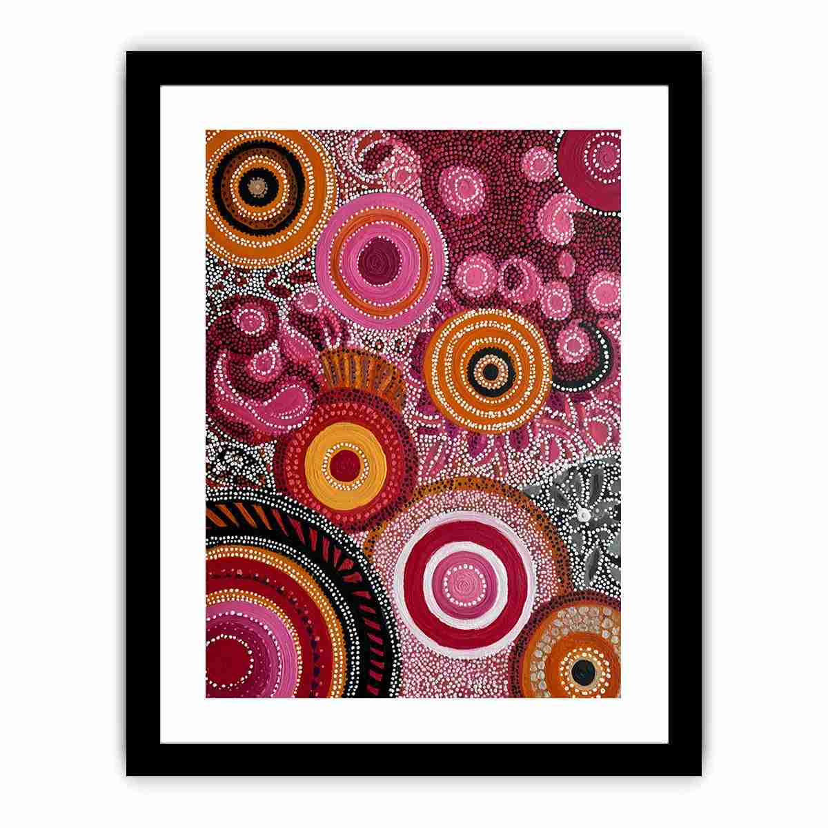 Ruby and ochre abstract dot canvas art with circular patterns for bold modern decor.