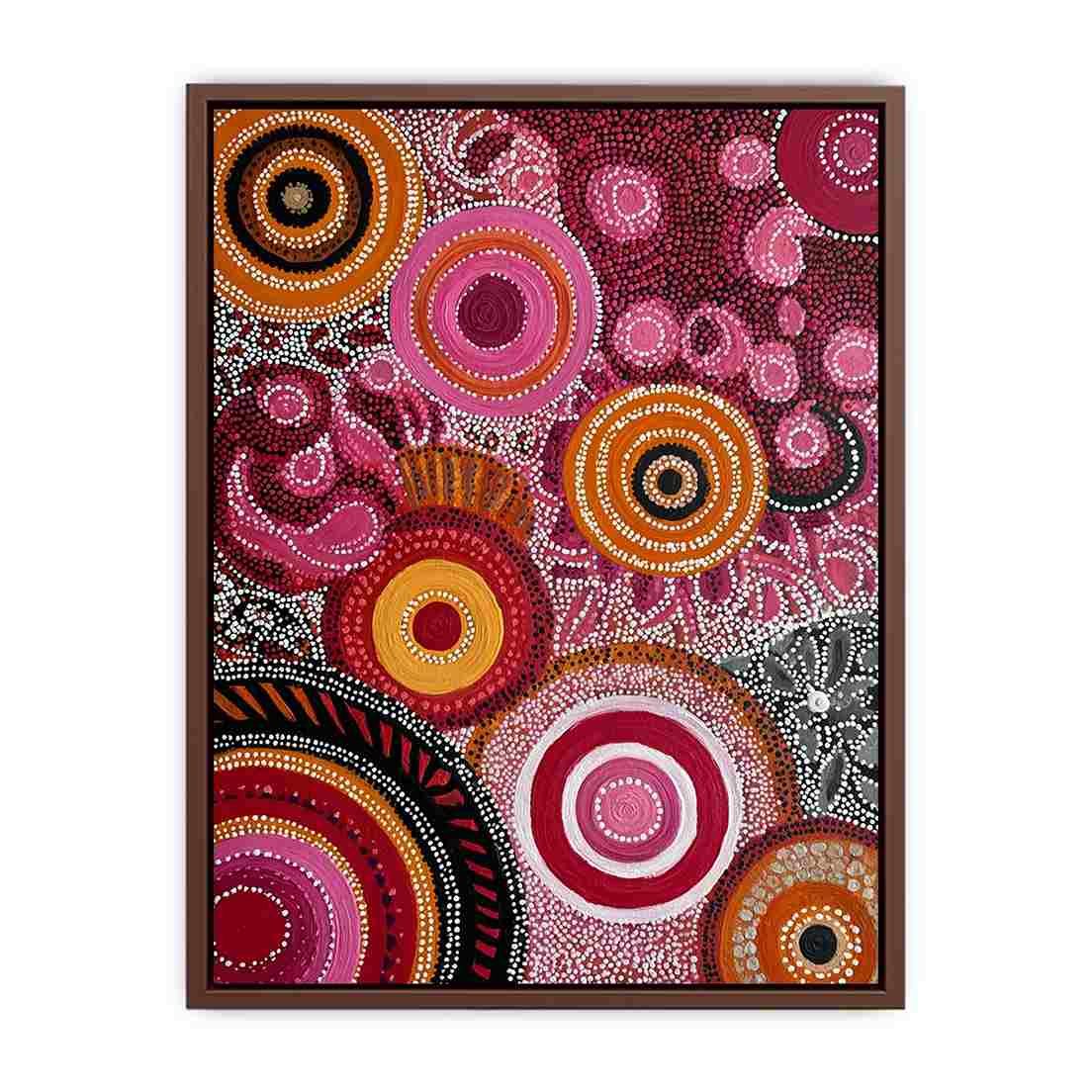 Ruby and ochre abstract dot canvas art with circular patterns for bold modern decor.