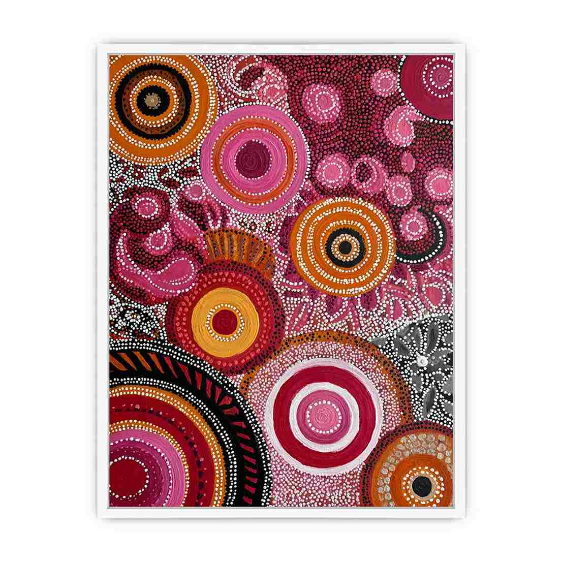 Ruby and ochre abstract dot canvas art with circular patterns for bold modern decor.