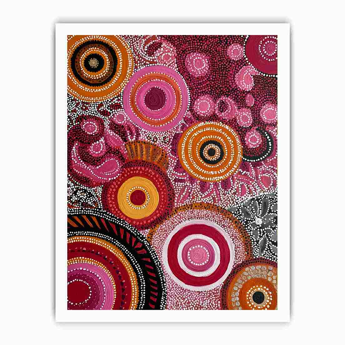 Ruby and ochre abstract dot canvas art with circular patterns for bold modern decor.