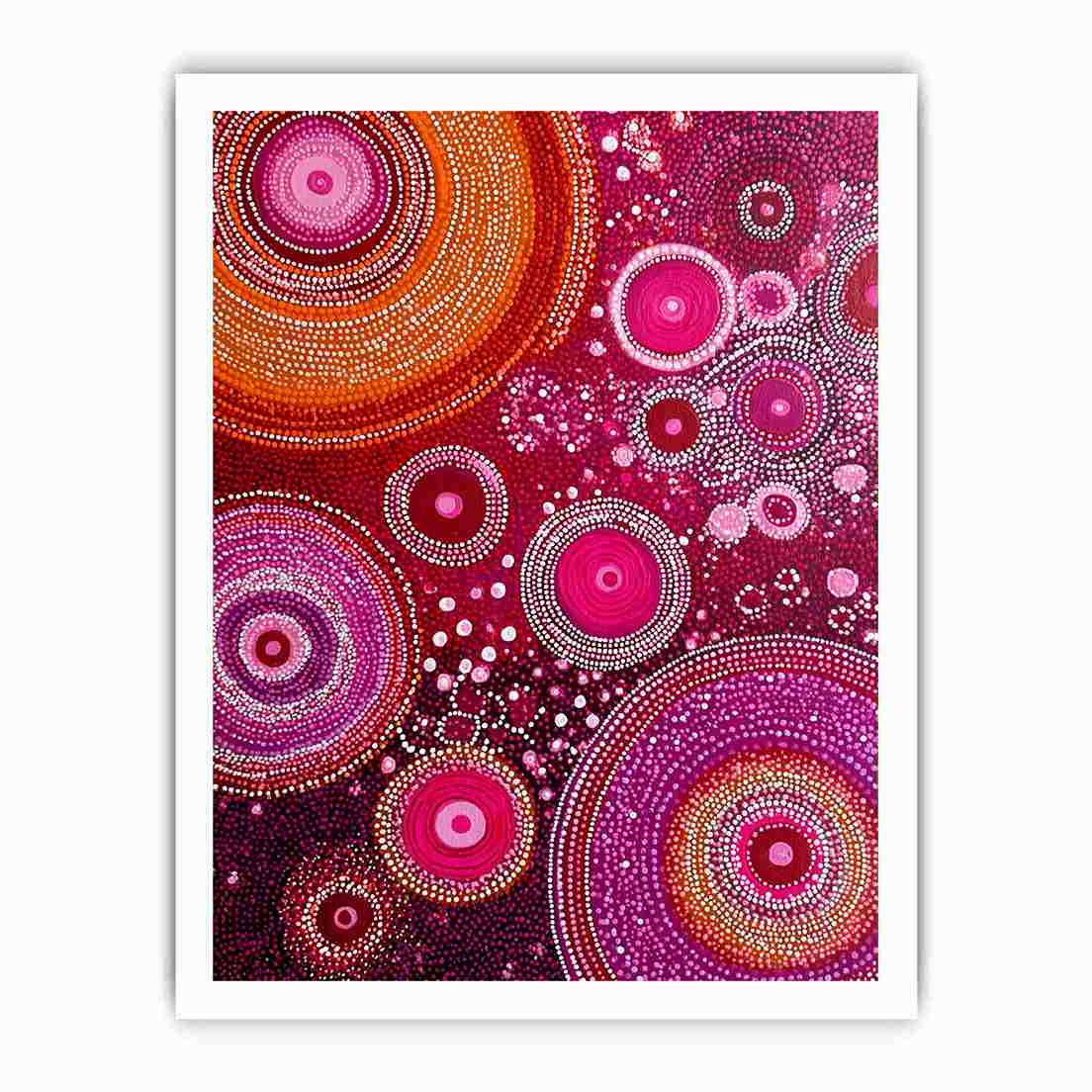 Magenta abstract dot canvas art with orange circular orbits for bold modern wall decor.