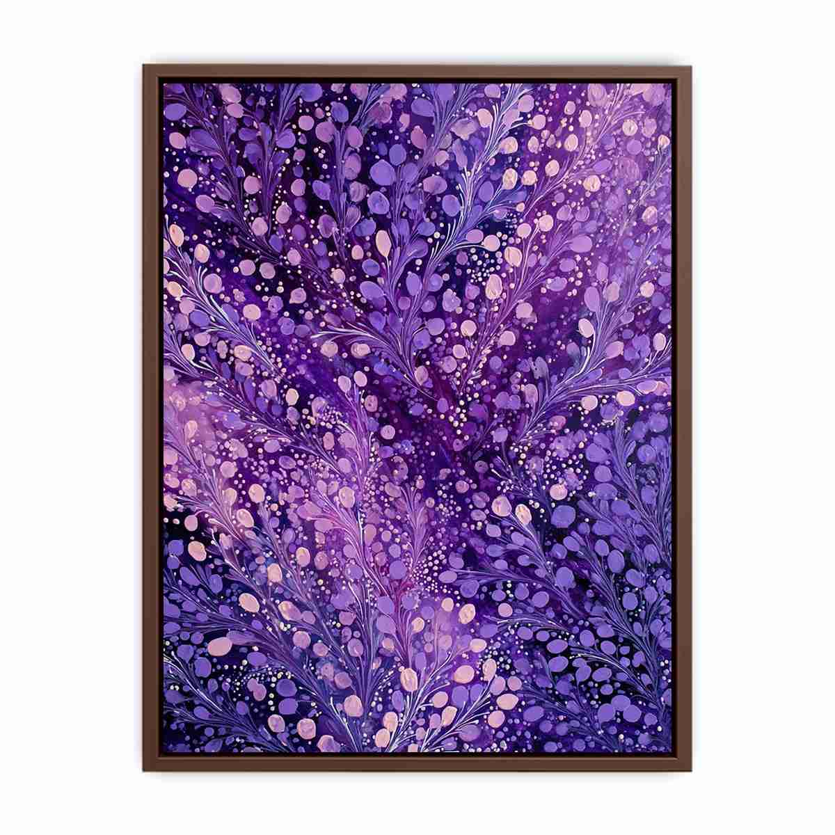 Purple botanical canvas art with lavender branches and dotted accents for elegant bedroom decor.