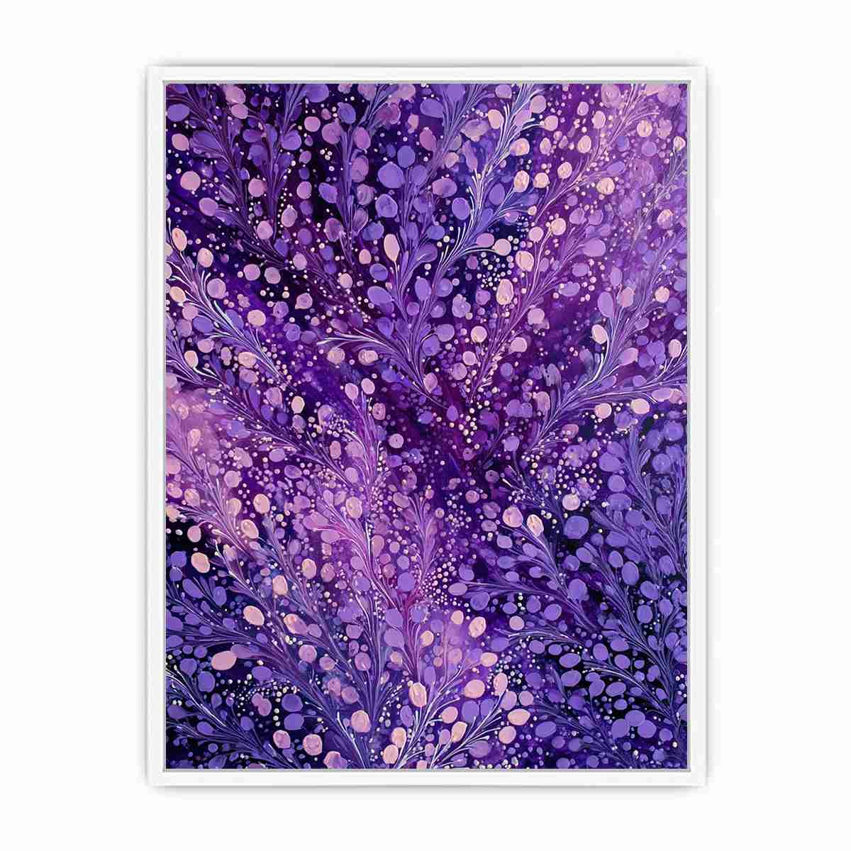 Purple botanical canvas art with lavender branches and dotted accents for elegant bedroom decor.