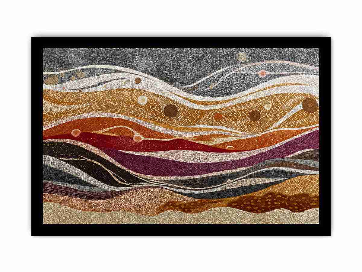 Earth tone dotted abstract landscape canvas art for warm modern living room decor.