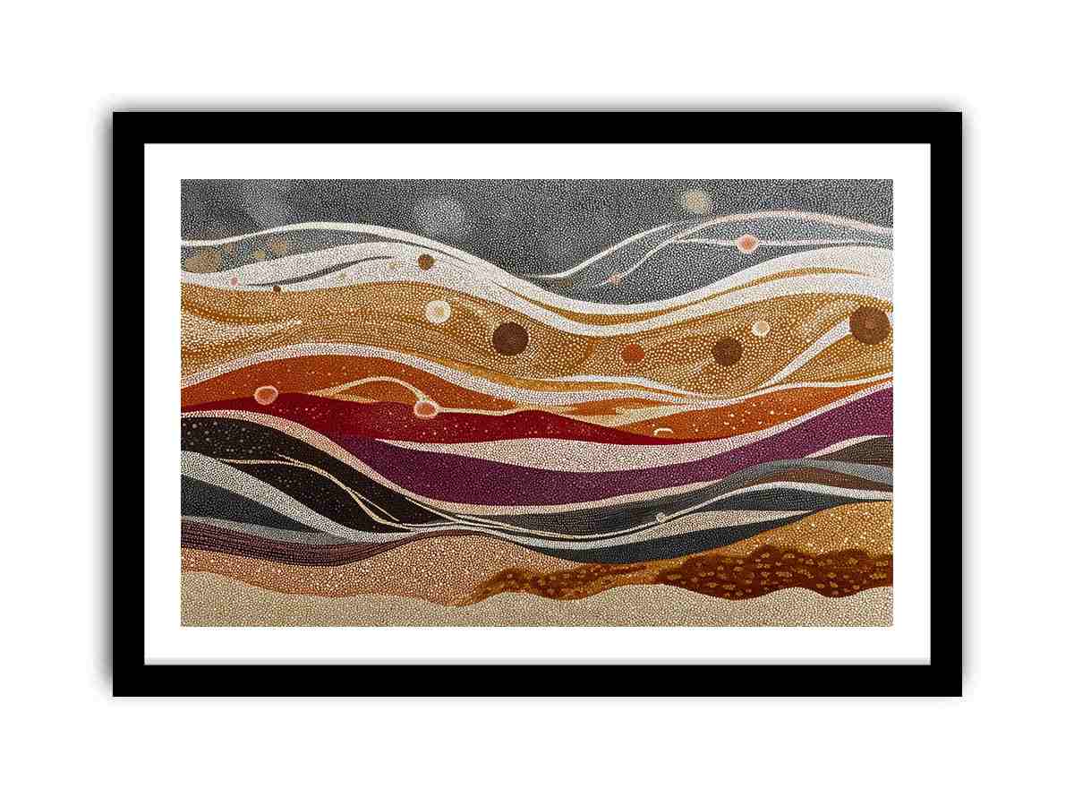 Earth tone dotted abstract landscape canvas art for warm modern living room decor.