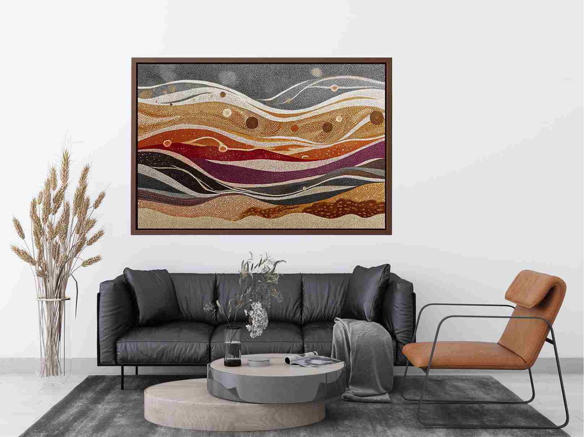 Earth tone dotted abstract landscape canvas art for warm modern living room decor.