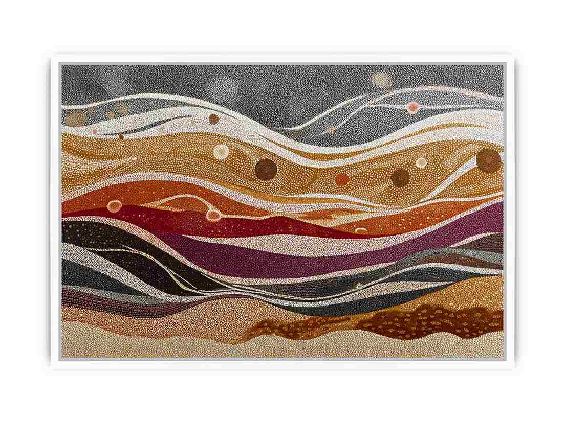 Earth tone dotted abstract landscape canvas art for warm modern living room decor.