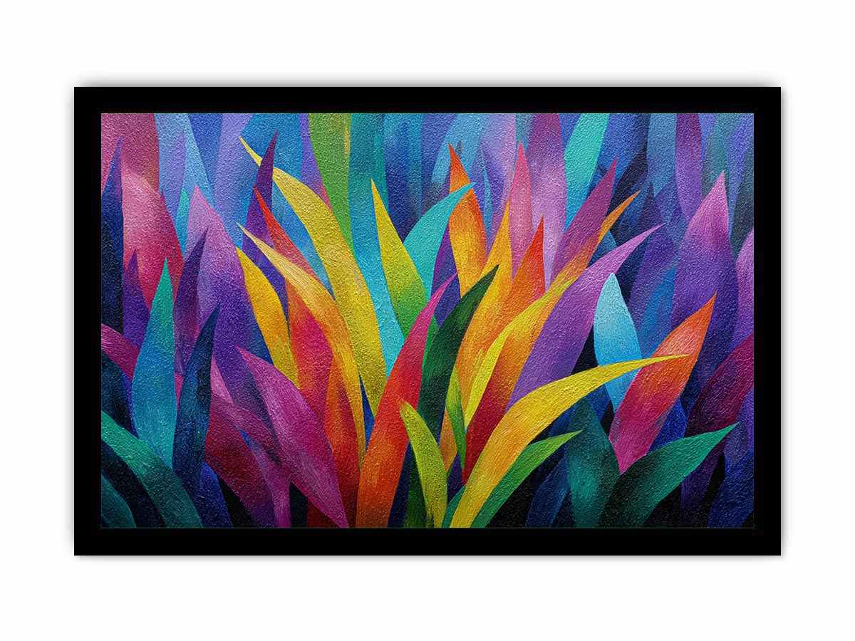 Colorful abstract tropical leaf canvas art for bold modern living room decor.