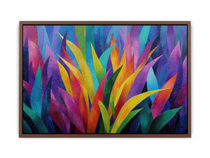 Colorful abstract tropical leaf canvas art for bold modern living room decor.