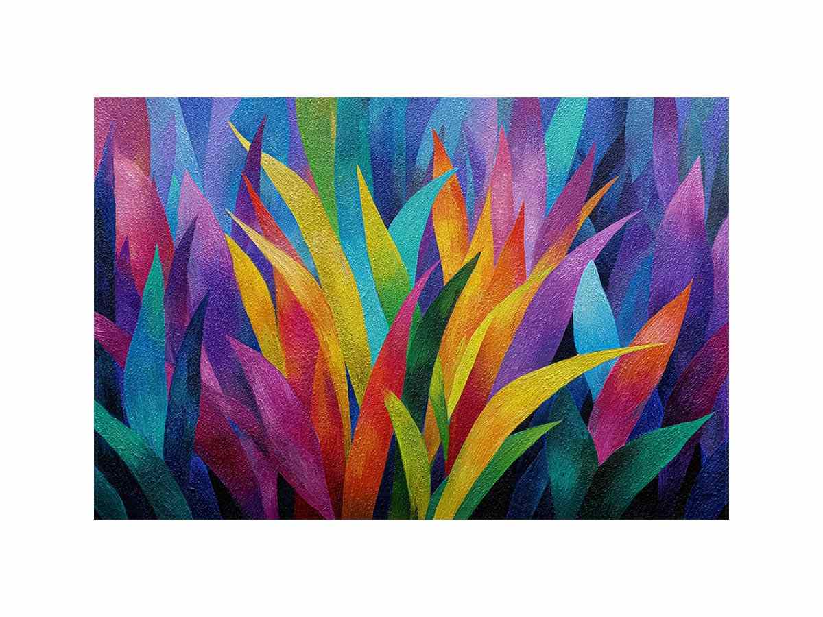 Colorful abstract tropical leaf canvas art for bold modern living room decor.