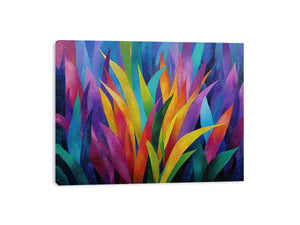 Colorful abstract tropical leaf canvas art for bold modern living room decor.