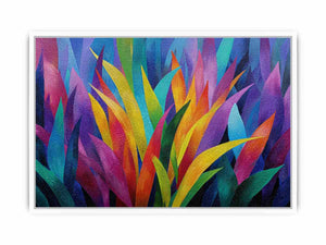 Colorful abstract tropical leaf canvas art for bold modern living room decor.