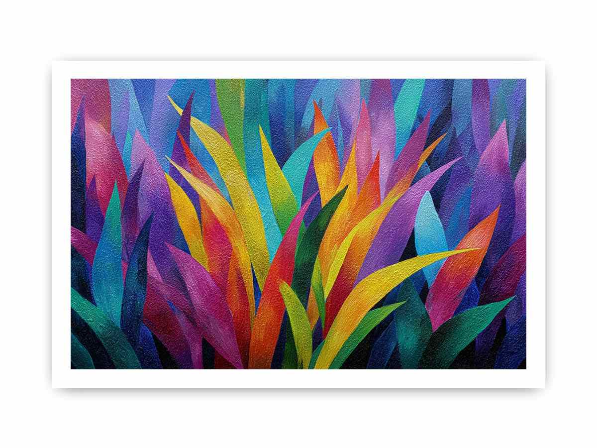 Colorful abstract tropical leaf canvas art for bold modern living room decor.
