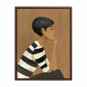 Minimalist woman portrait canvas art with striped shirt for stylish bedroom decor.