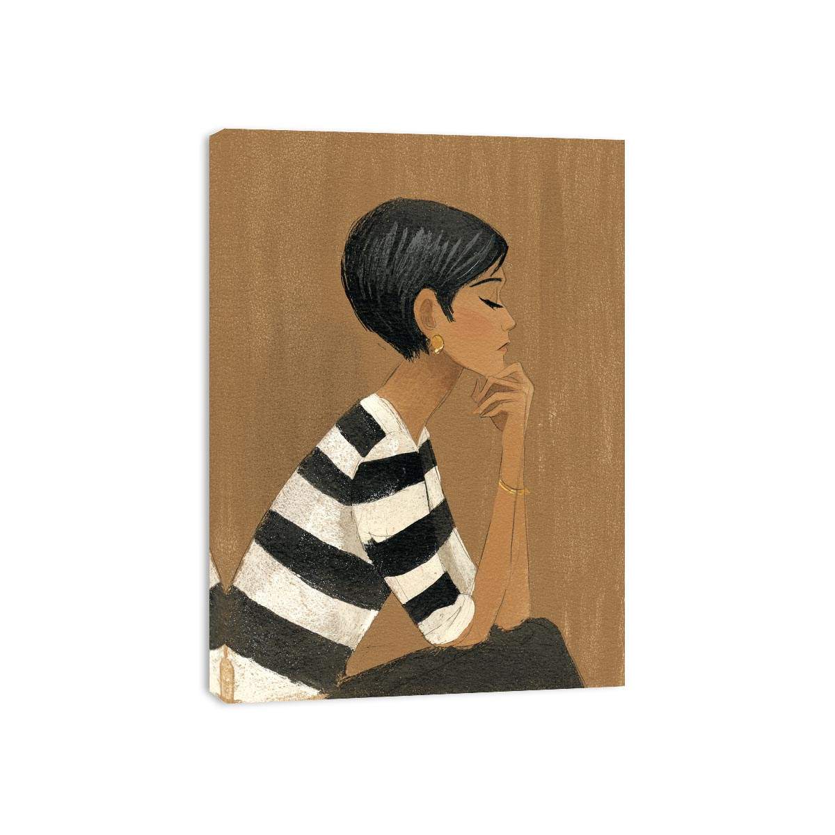 Minimalist woman portrait canvas art with striped shirt for stylish bedroom decor.