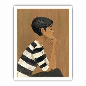 Minimalist woman portrait canvas art with striped shirt for stylish bedroom decor.