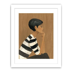 Minimalist woman portrait canvas art with striped shirt for stylish bedroom decor.