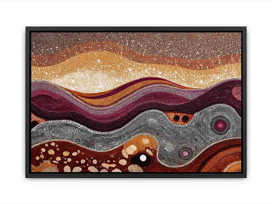 Warm ochre dotted abstract landscape canvas art for modern living room decor.