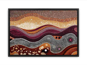 Warm ochre dotted abstract landscape canvas art for modern living room decor.