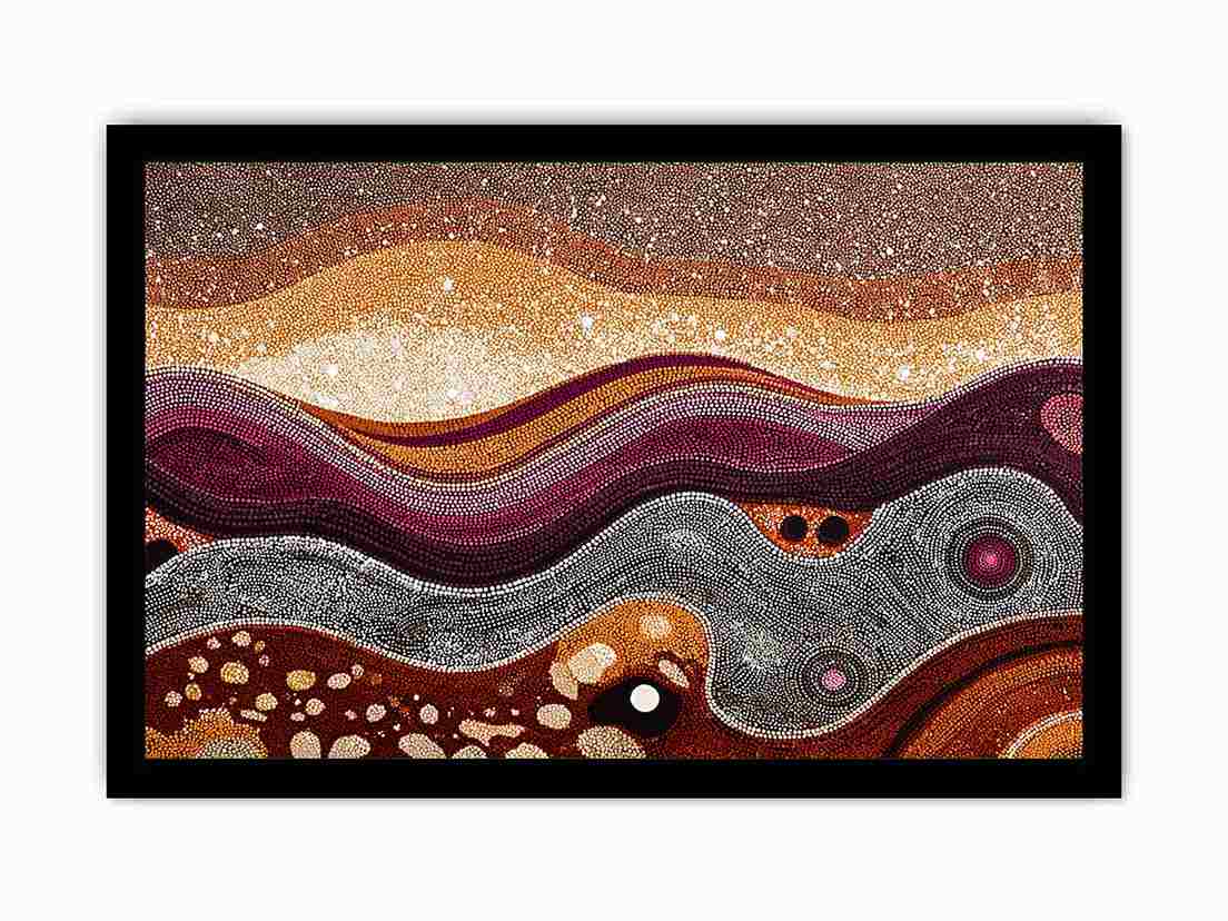 Warm ochre dotted abstract landscape canvas art for modern living room decor.