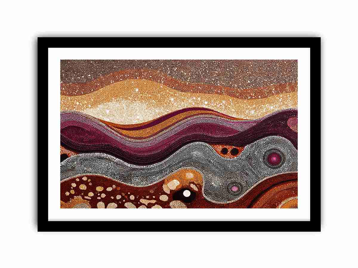 Warm ochre dotted abstract landscape canvas art for modern living room decor.
