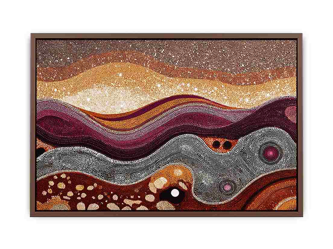Warm ochre dotted abstract landscape canvas art for modern living room decor.