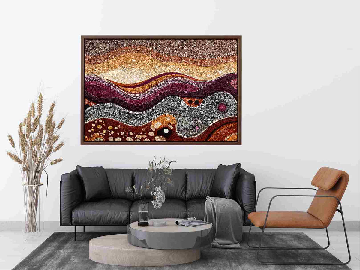 Warm ochre dotted abstract landscape canvas art for modern living room decor.