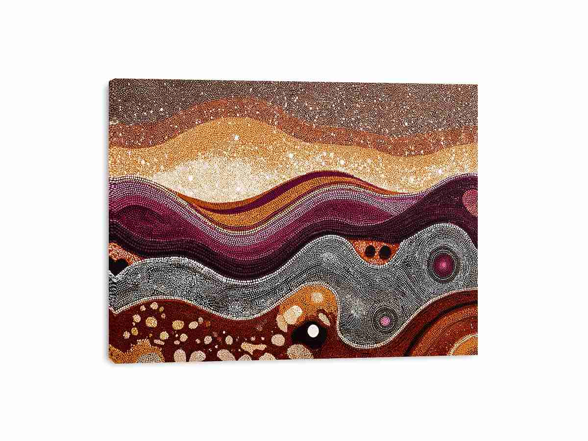 Warm ochre dotted abstract landscape canvas art for modern living room decor.