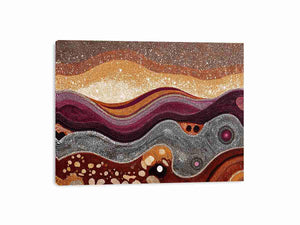 Warm ochre dotted abstract landscape canvas art for modern living room decor.