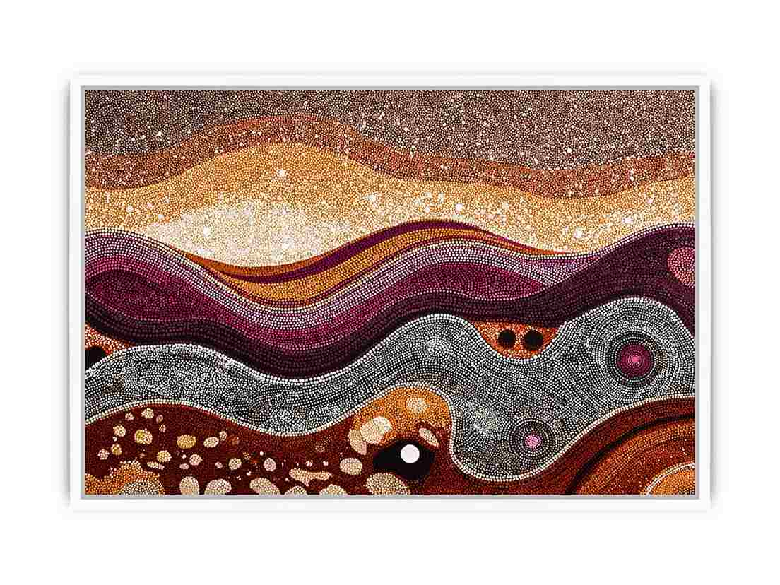Warm ochre dotted abstract landscape canvas art for modern living room decor.