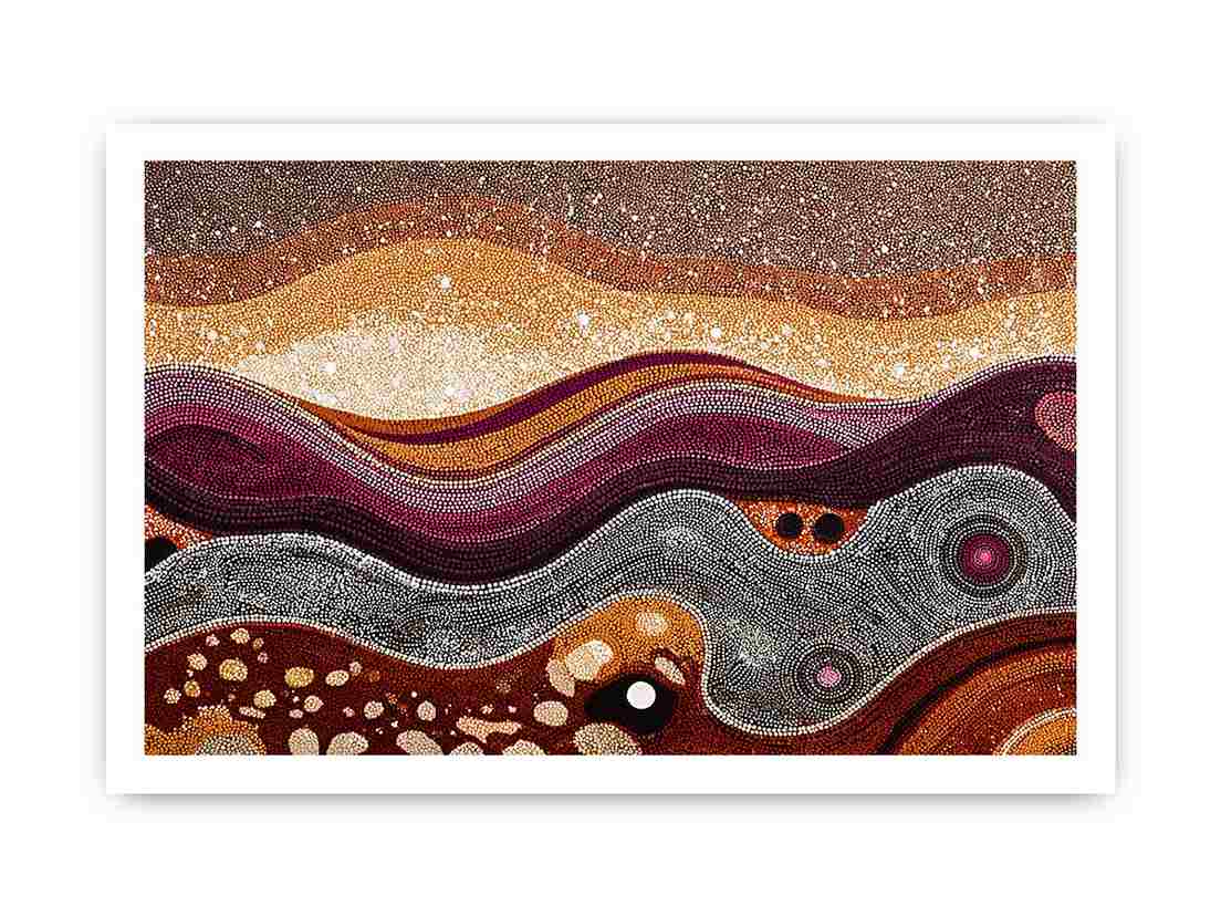 Warm ochre dotted abstract landscape canvas art for modern living room decor.