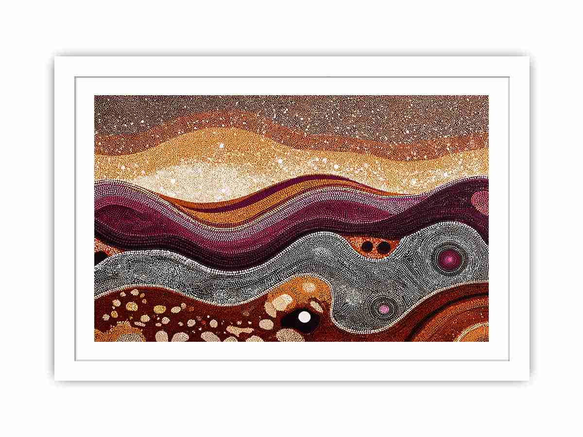 Warm ochre dotted abstract landscape canvas art for modern living room decor.