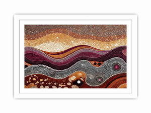 Warm ochre dotted abstract landscape canvas art for modern living room decor.