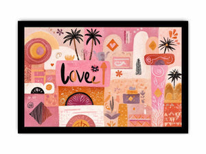 Pink boho love canvas art with palm trees and playful shapes for bedroom decor.
