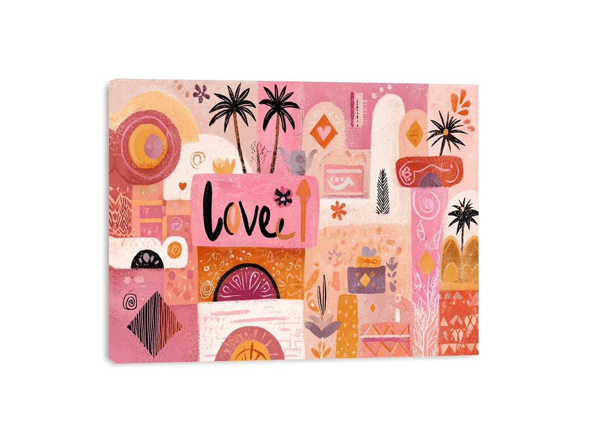 Pink boho love canvas art with palm trees and playful shapes for bedroom decor.