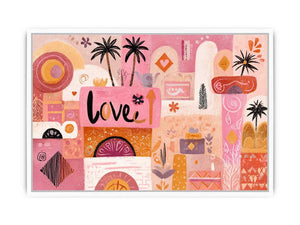 Pink boho love canvas art with palm trees and playful shapes for bedroom decor.