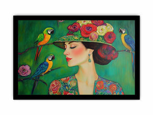 Colorful woman portrait canvas art with parrots and floral hat for stylish room decor.